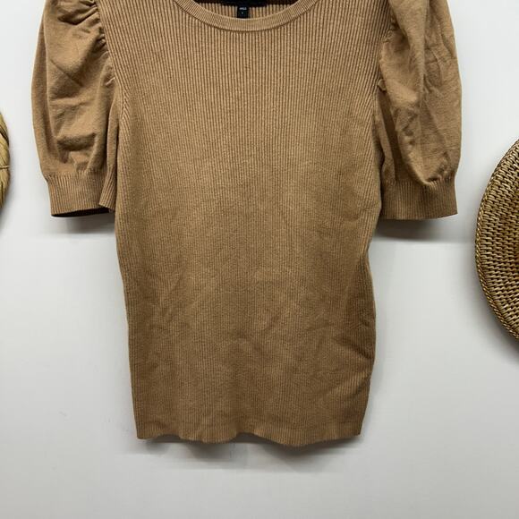 Express Short Sleeve Knit Sweater Large Neutral Brown Puff Sleeve Ribbed Preppy - Picture 4 of 6